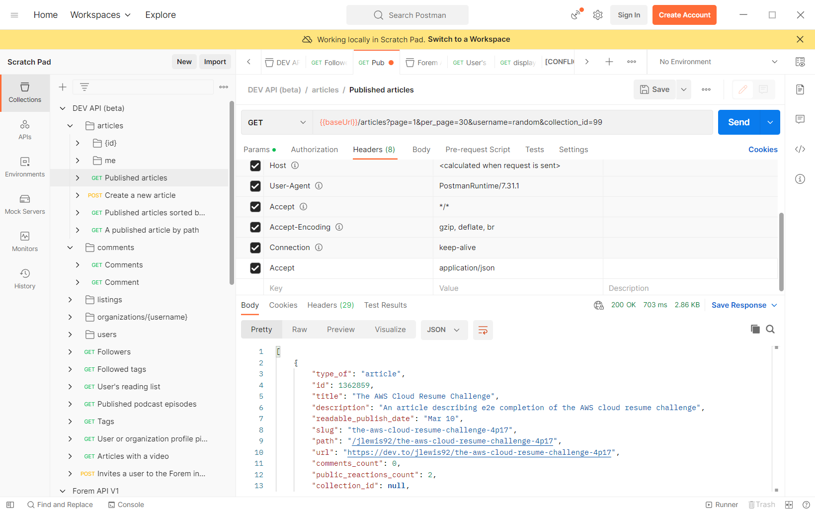 Forem API in postman